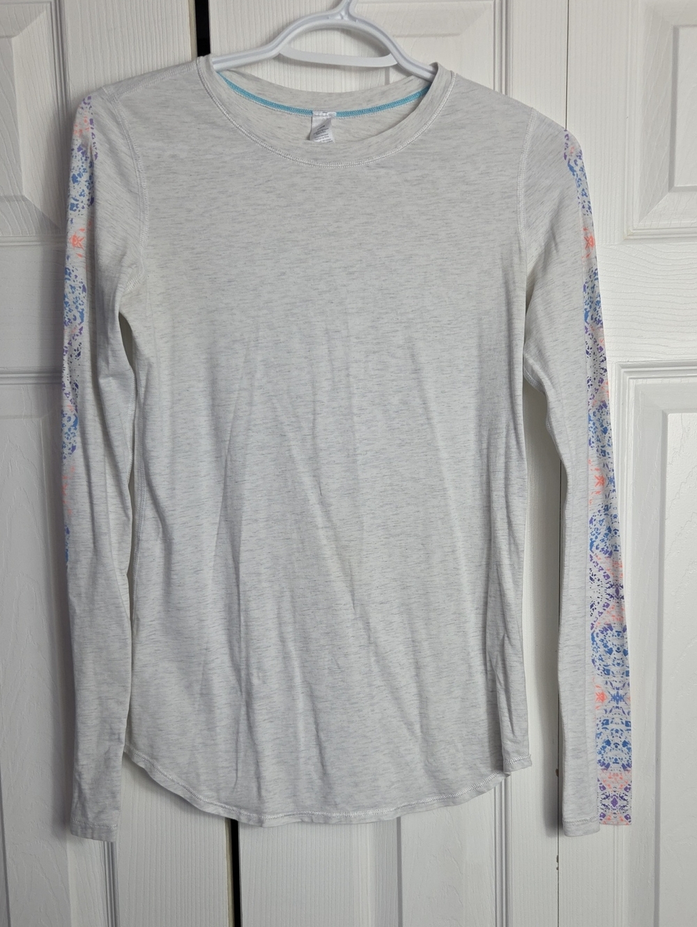 Ivivva Light Gray Long Sleeve Tee with Blue & Coral Floral Sleeve Stripes